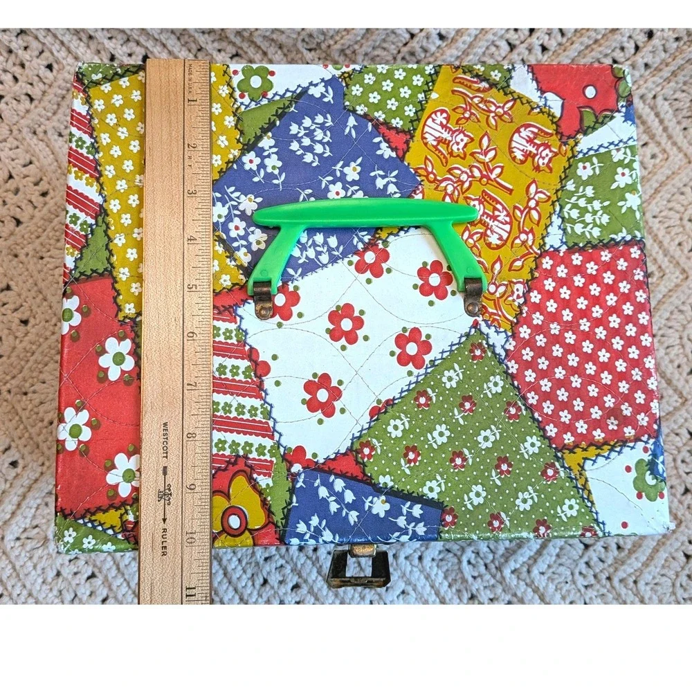Vintage Quilted Patchwork Sewing Basket Floral Print Storage Box Green Handle